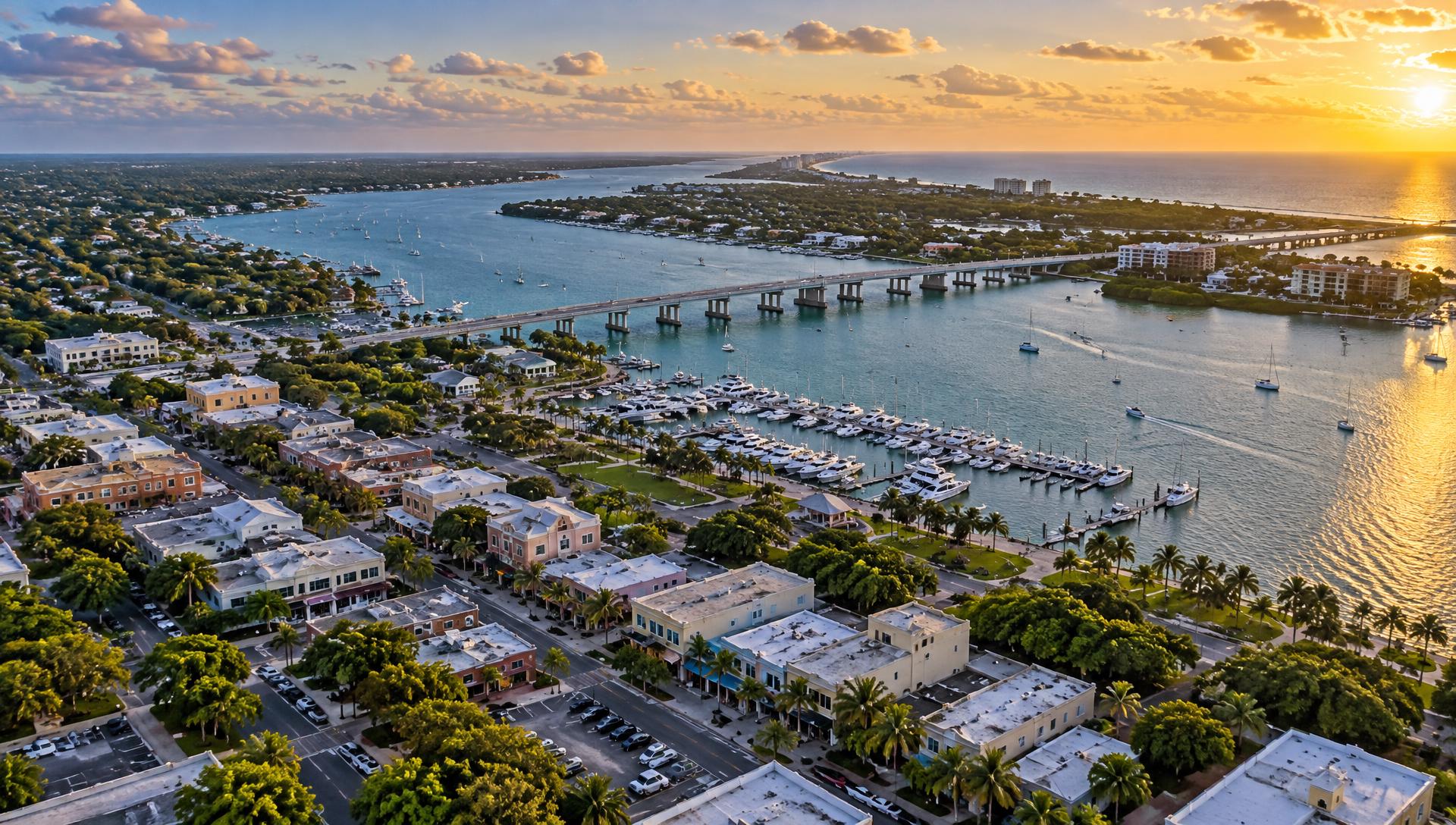 Wide aerial view of the Stuart, Florida waterfront, marina and downtown along the St. Lucie River