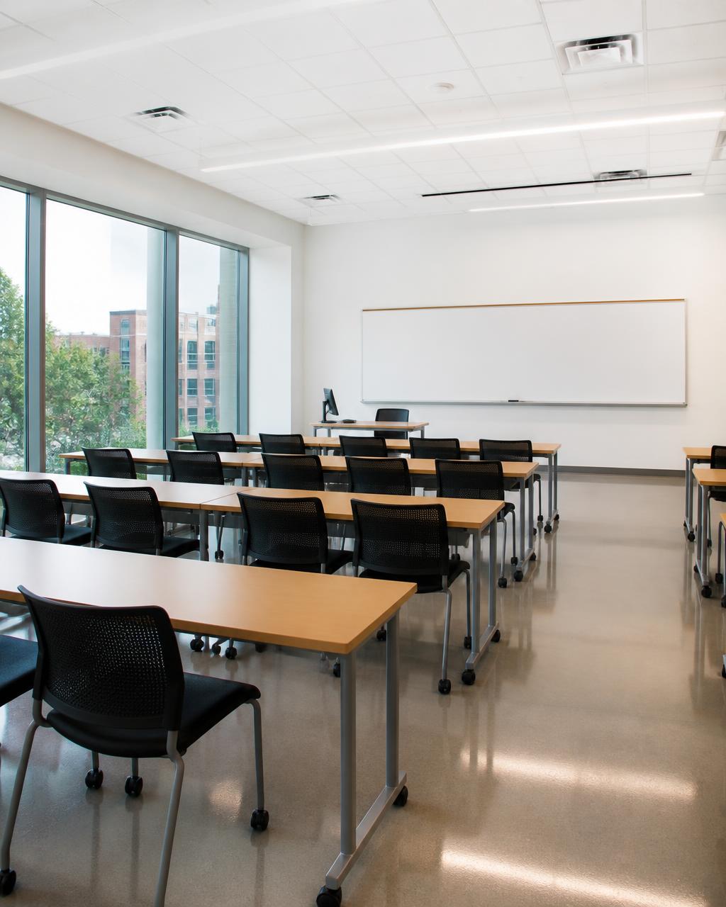 Spotless modern classroom with clean desks and polished floors