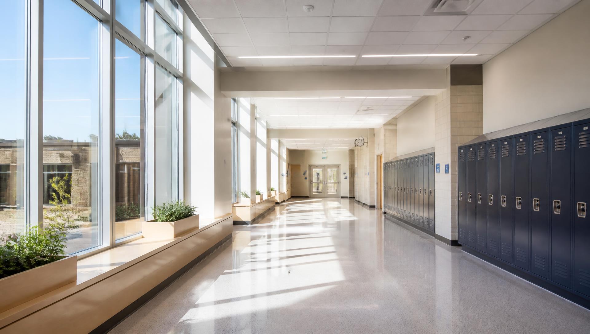 Bright, freshly cleaned school hallway with lockers