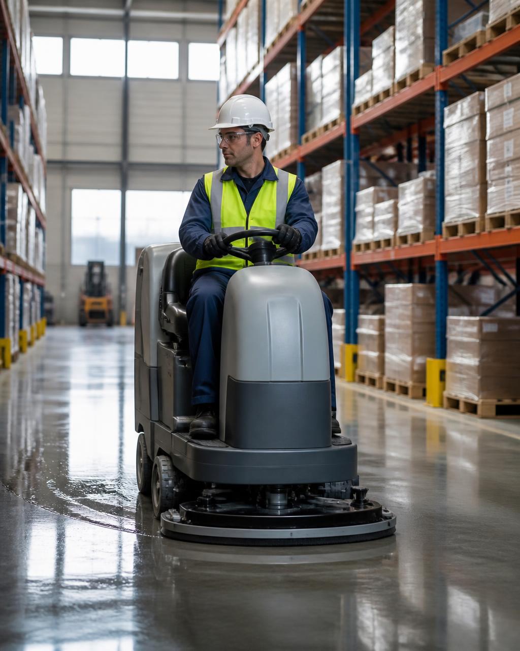 Cleaning technician driving a ride-on floor scrubber down a warehouse aisle