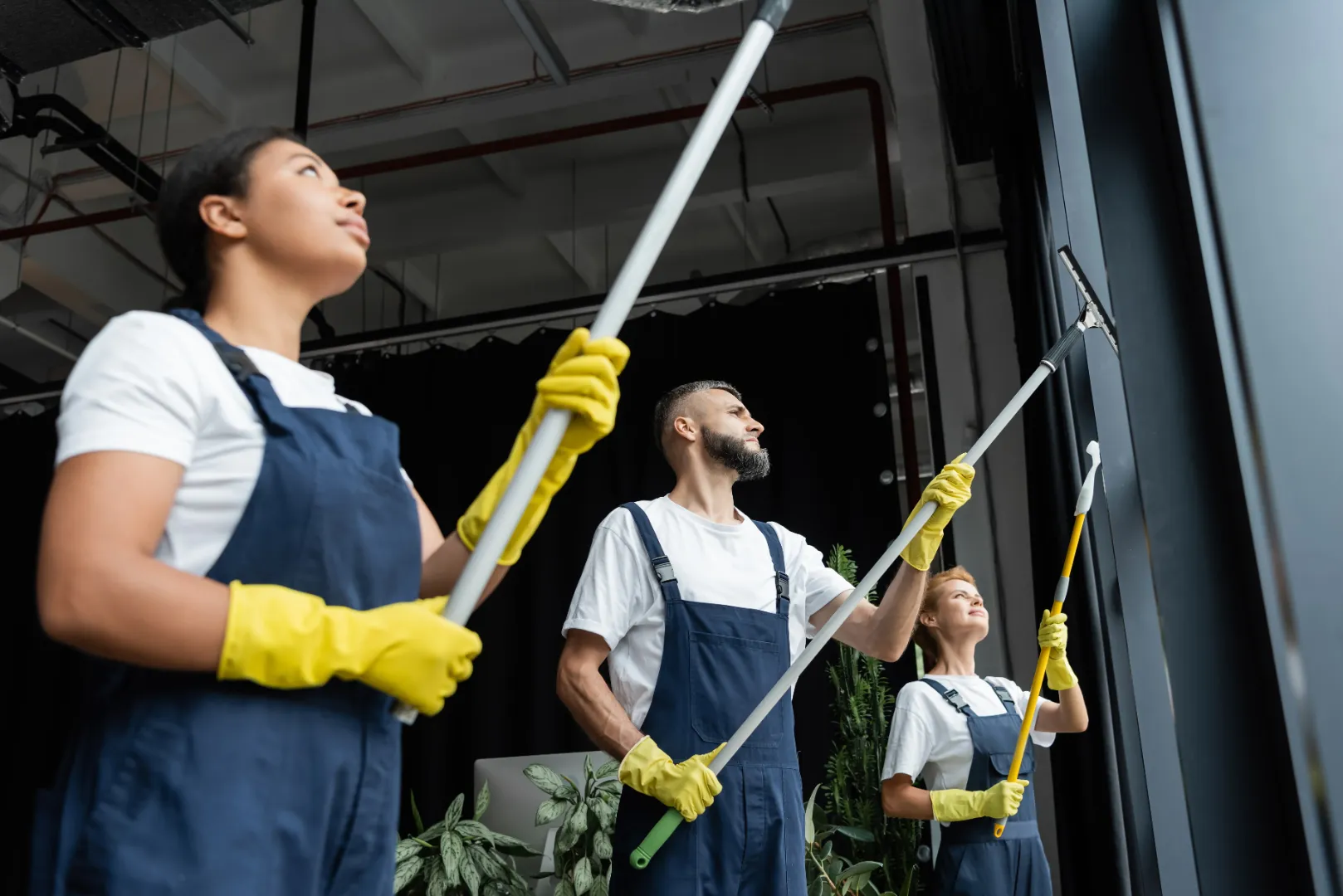 Professional cleaners washing windows at an industrial facility