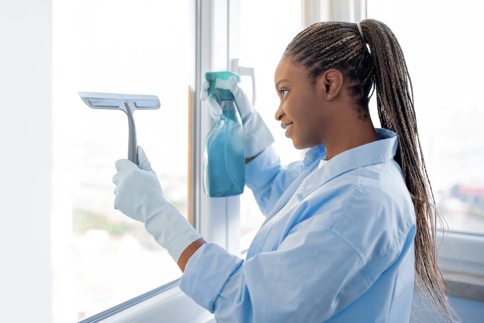 Cleaner washing windows inside a medical office