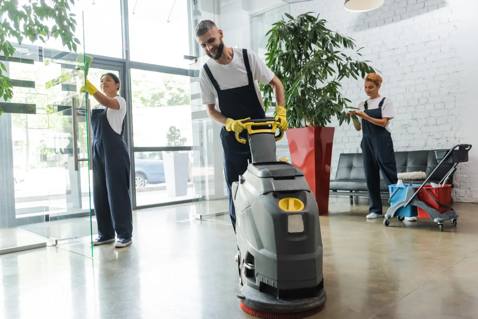 A commercial Cleaning team Floor waxing and polishing in a commercial lounge