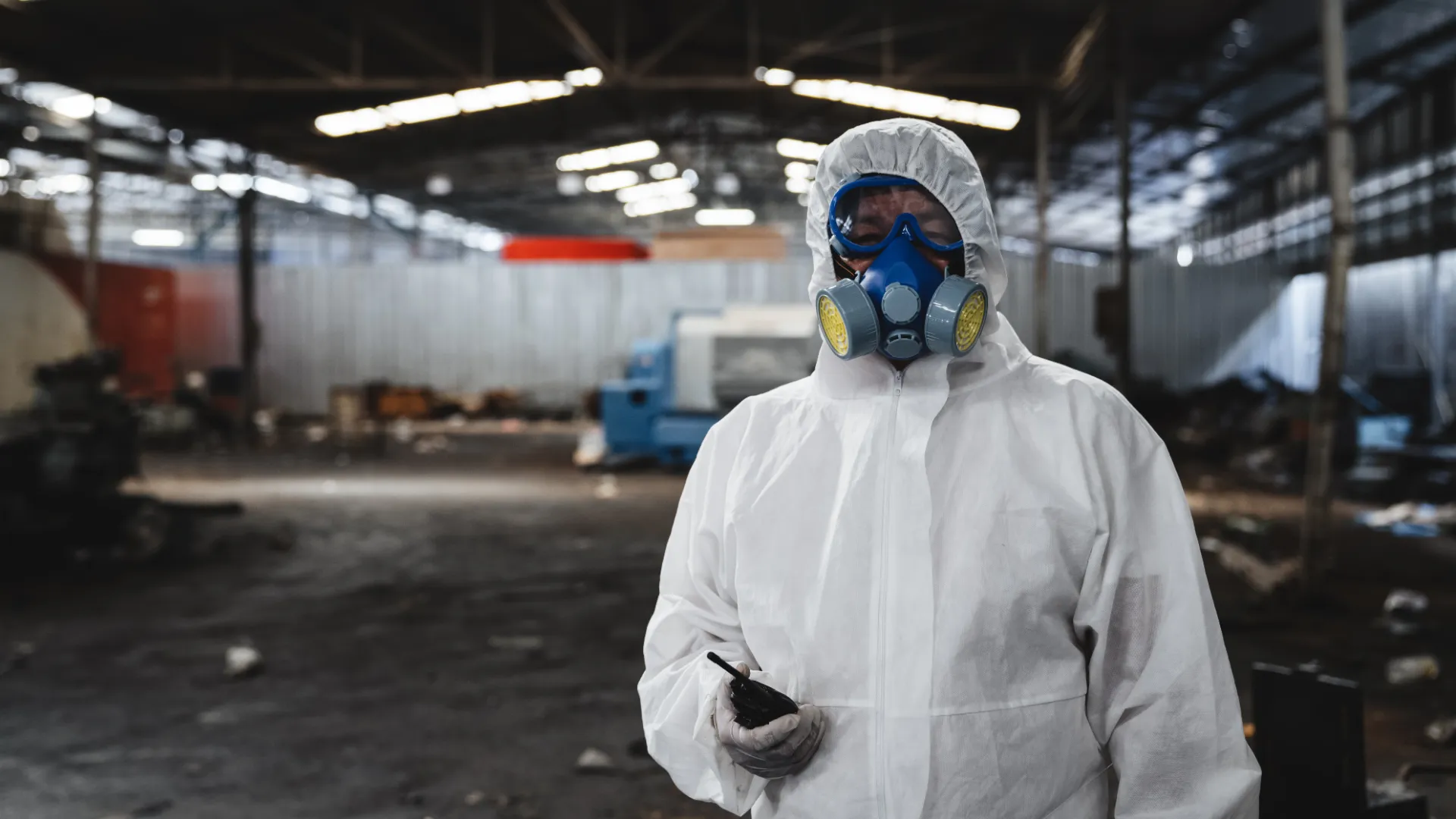 Warehouse worker wearing full personal protective equipment and a respirator during hazardous material cleanup
