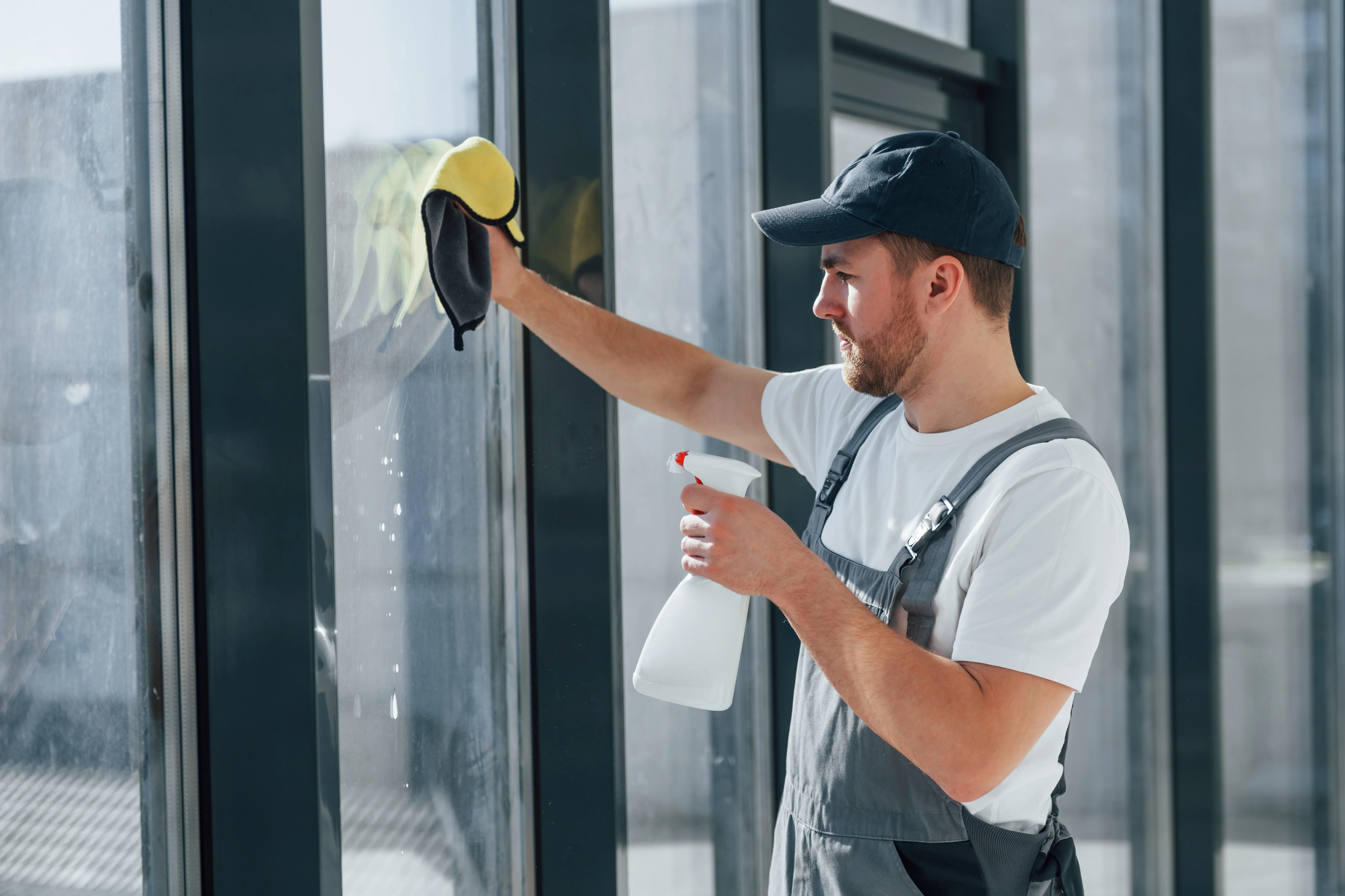 Commercial cleaner washing large office windows and glass panels